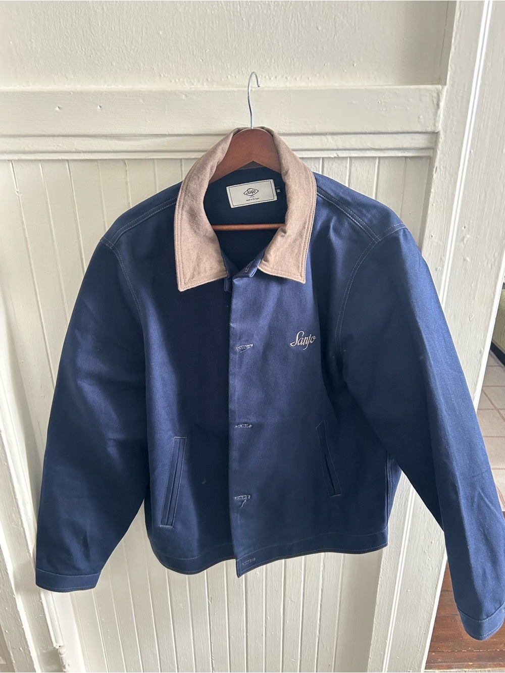Sanjo Navy Bomber Jacket with Contrast Tan Collar